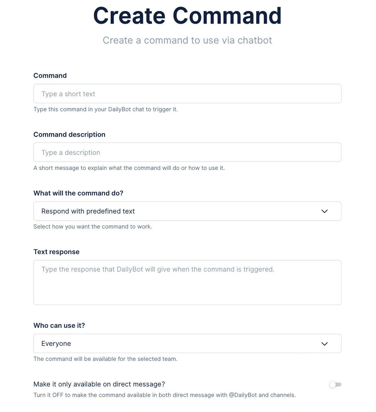 Tela de criação de comandos no Dailybot