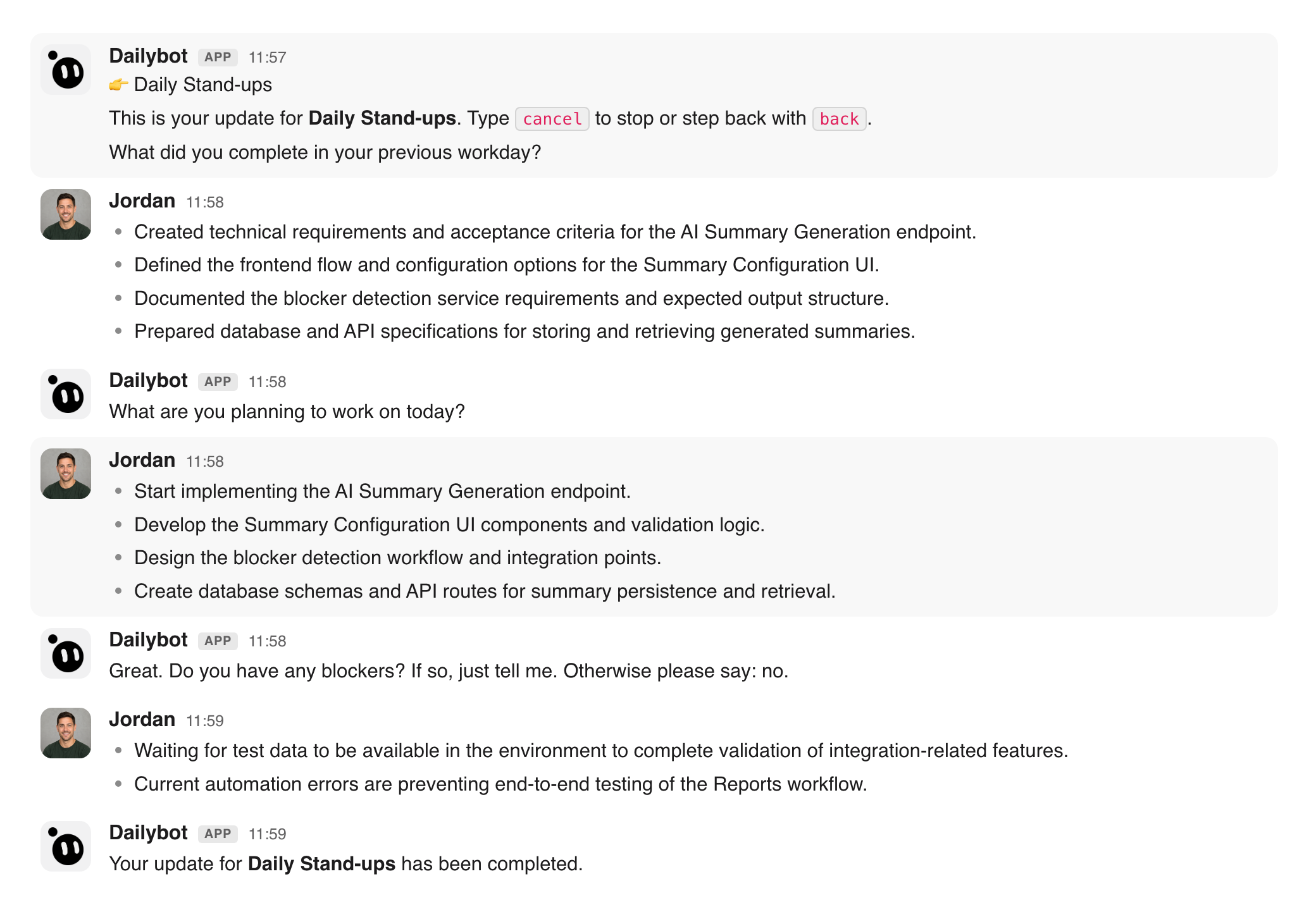 A Dailybot daily standup check-in in Slack, showing the three-question format and a team member’s responses