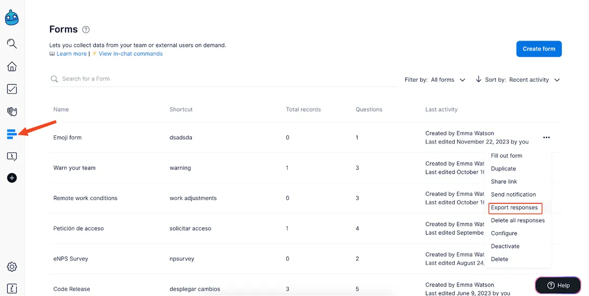 Lista de formularios en la app web de Dailybot