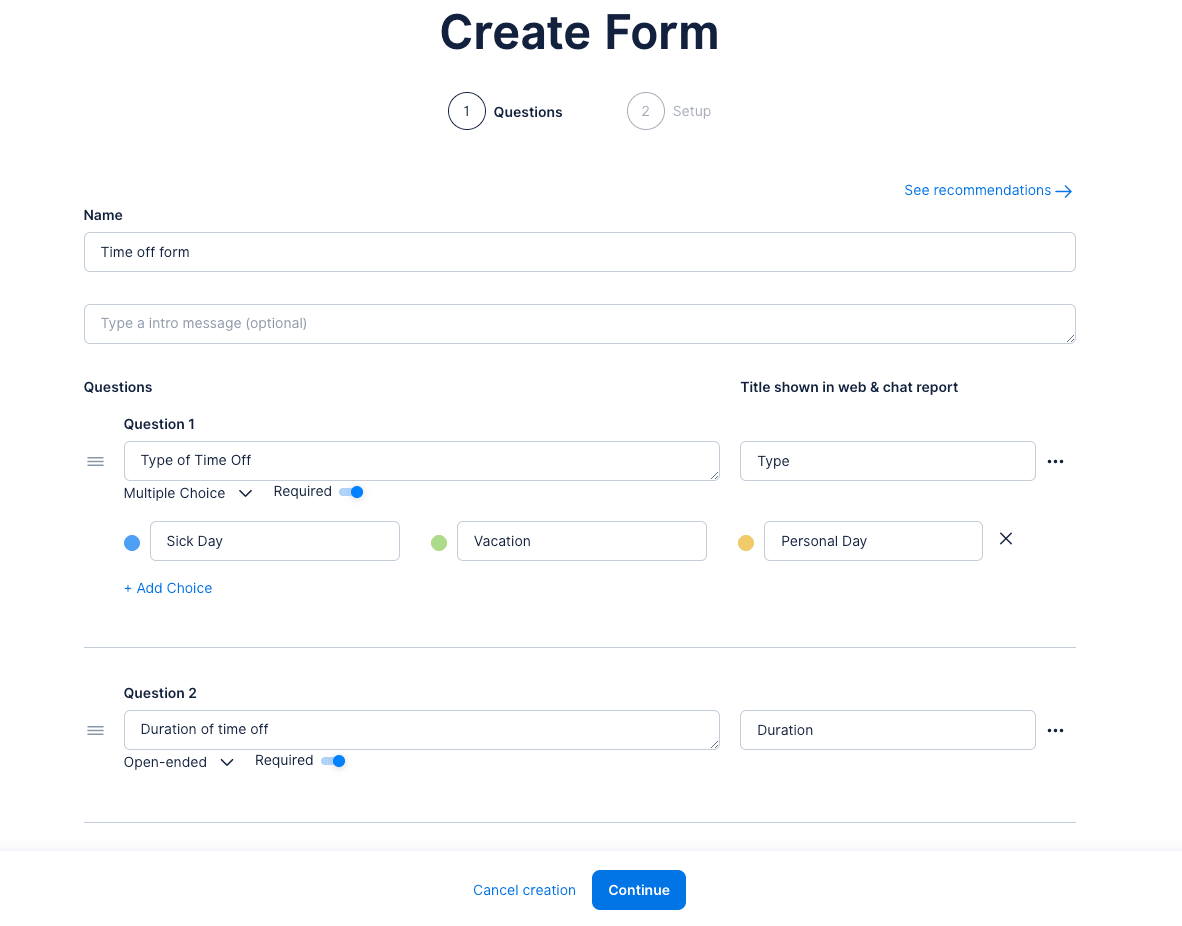 Configurando preguntas del formulario en Dailybot