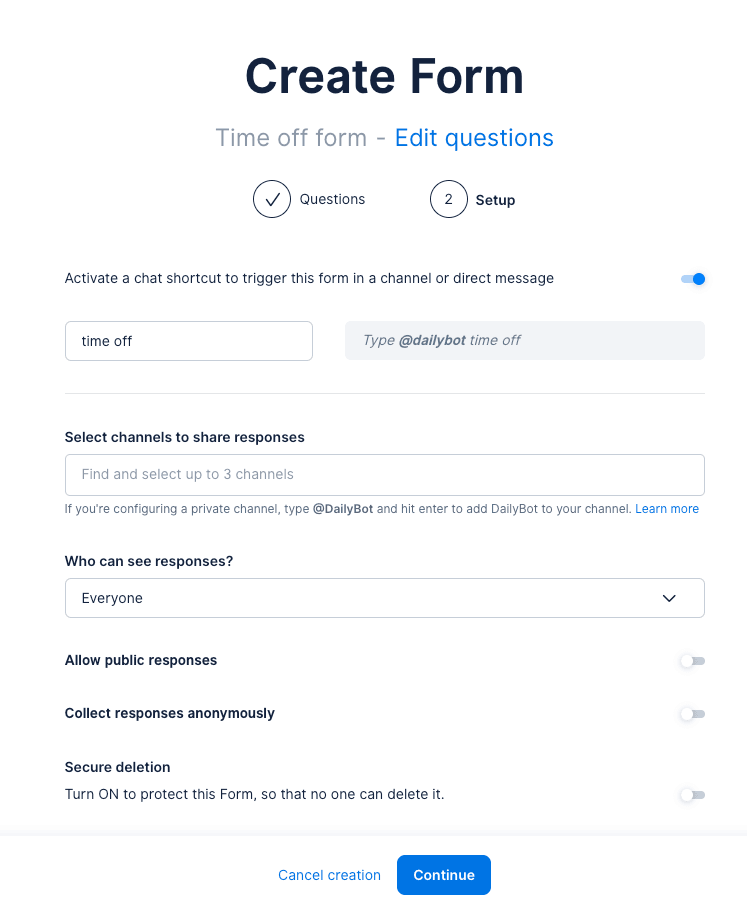 Configuración avanzada del formulario en Dailybot