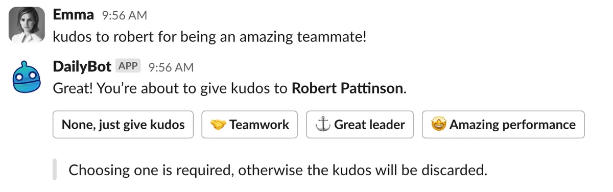 Dar kudos a un compañero en Dailybot