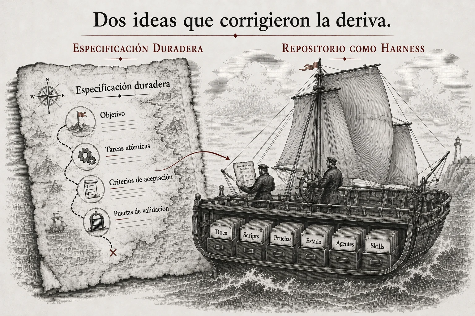 Un grabado: a la izquierda, un mapa del tesoro rotulado como el spec durable, que traza un camino desde el objetivo hasta las tareas atómicas, los criterios de aceptación y los controles de validación; una flecha apunta a un barco a la derecha cuyo casco es una hilera de cajones rotulados Docs, Scripts, Tests, State, Agents y Skills: el repositorio como harness.