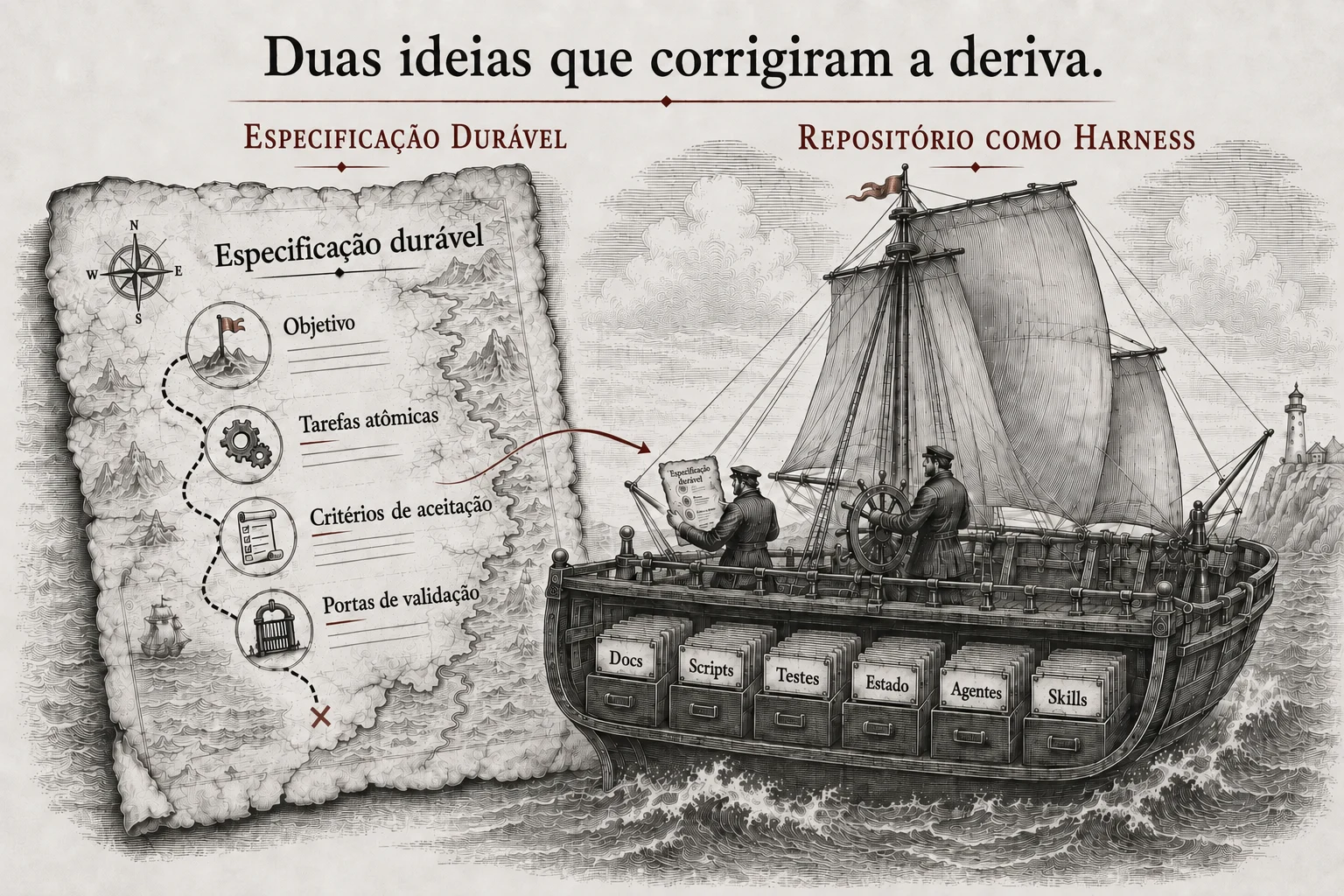 Uma gravura: à esquerda, um mapa do tesouro rotulado como o spec durável, traçando um caminho do objetivo até as tarefas atômicas, os critérios de aceitação e os controles de validação; uma seta aponta para um navio à direita cujo casco é uma fileira de gavetas rotuladas Docs, Scripts, Tests, State, Agents e Skills: o repositório como harness.