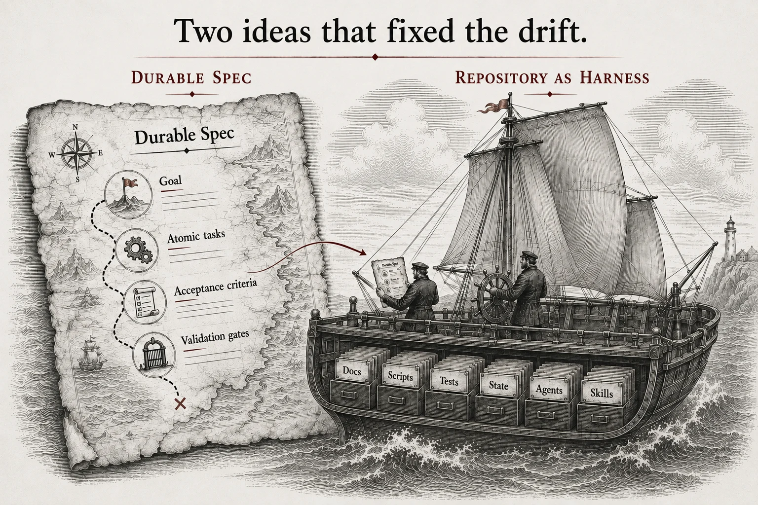 An engraving: on the left, a treasure map labelled the durable spec, charting a path from goal to atomic tasks, acceptance criteria and validation gates; an arrow points to a ship on the right whose hull is a row of drawers labelled Docs, Scripts, Tests, State, Agents and Skills — the repository as the harness.
