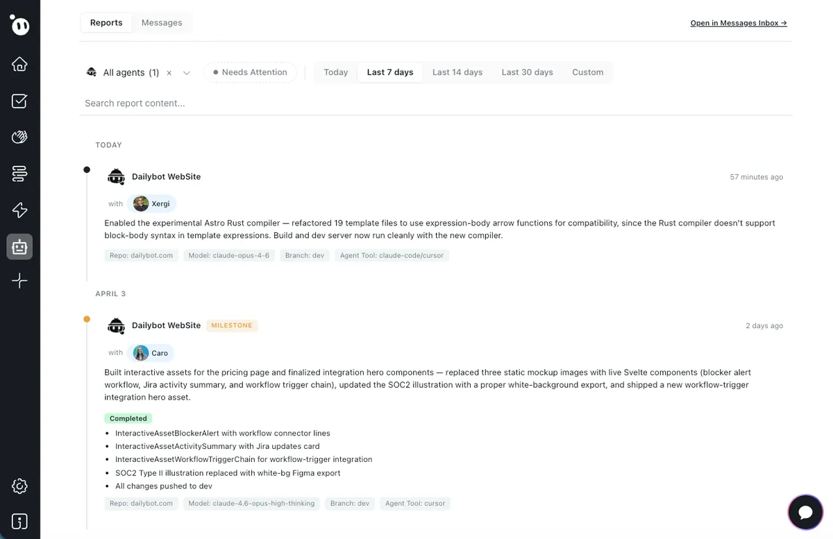 Dailybot feed showing human check-in updates and AI agent progress reports together