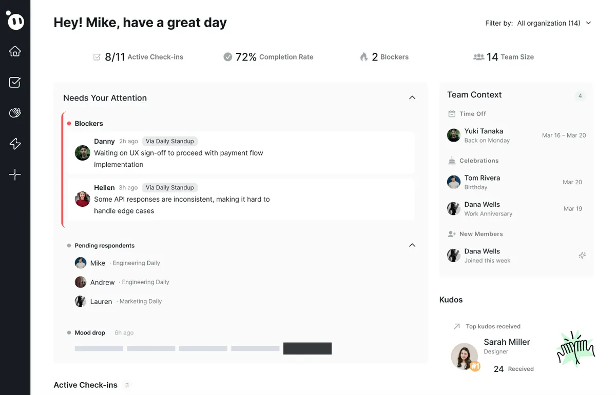 Dailybot Home showing AI insights and blockers surfaced from check-ins