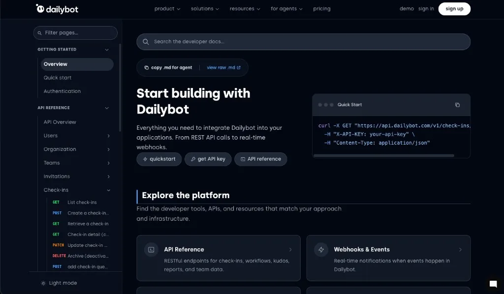 Developer portal overview with search, API reference sidebar, and Quick Start