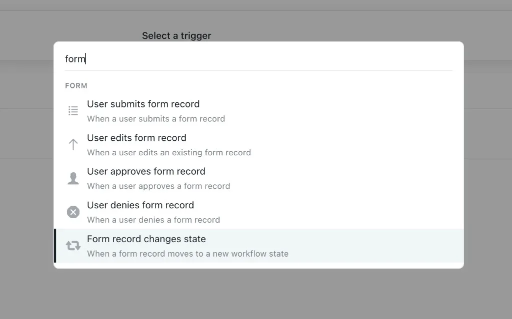 Automation trigger picker showing Form record changes status