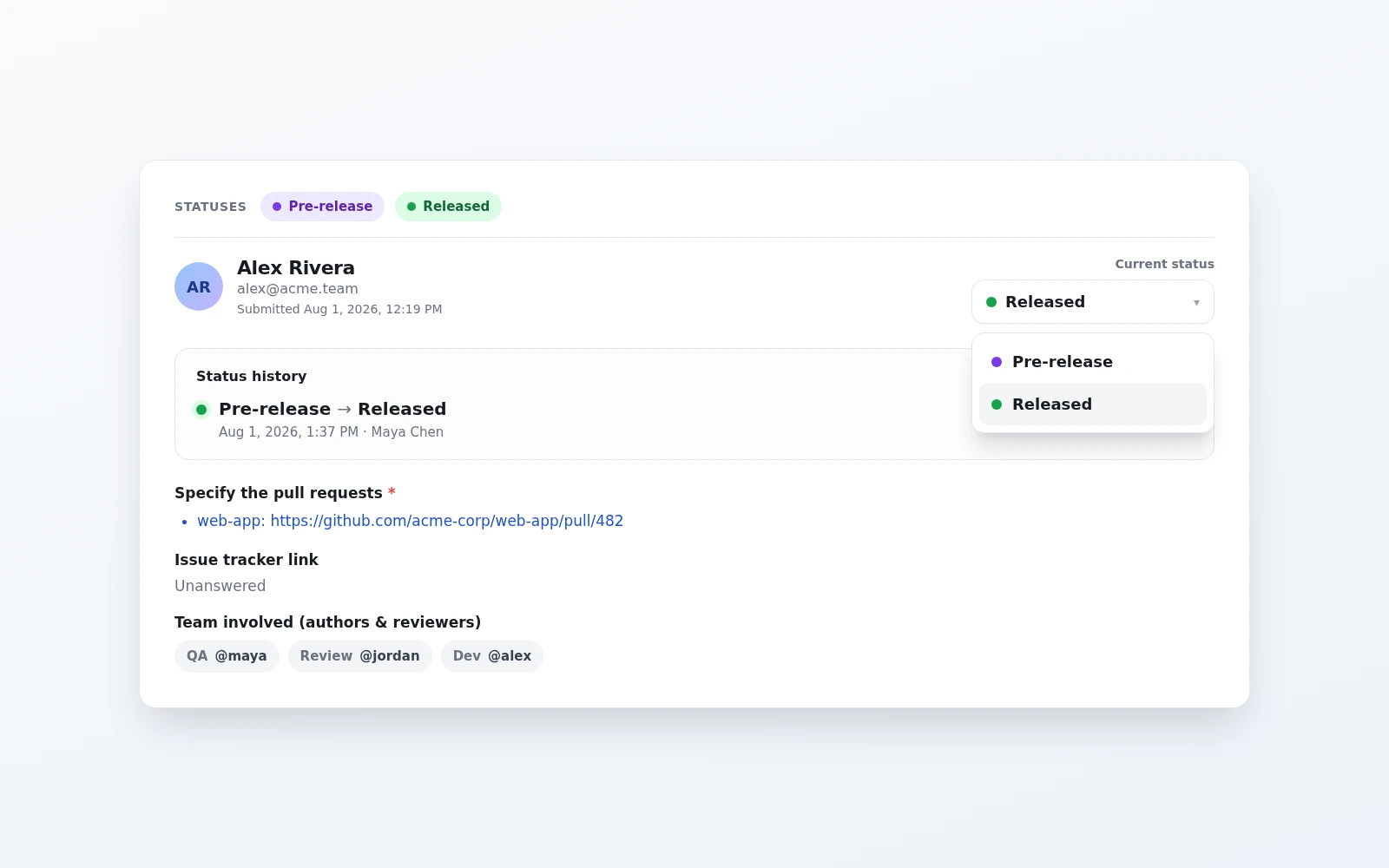 Pre-release form record moving to Released with status history