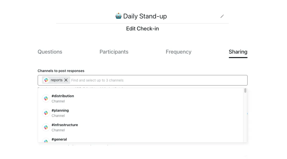 Edit Check-in Sharing tab with the Channels to post responses picker open, showing #reports selected and other Slack channels in the dropdown