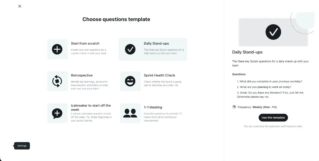 Check-in template picker showing Daily Stand-ups, Retrospective, and other options