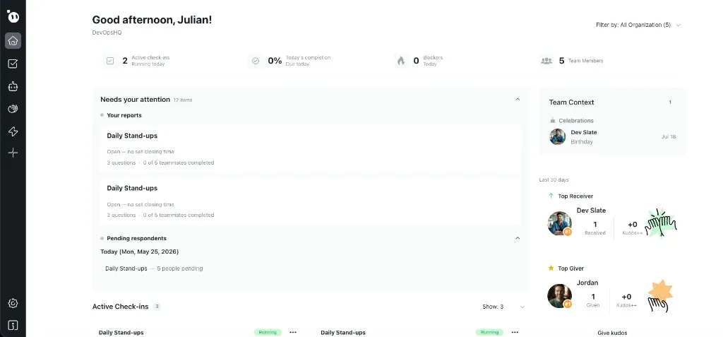 Dailybot dashboard showing active check-ins, pending respondents, and team context