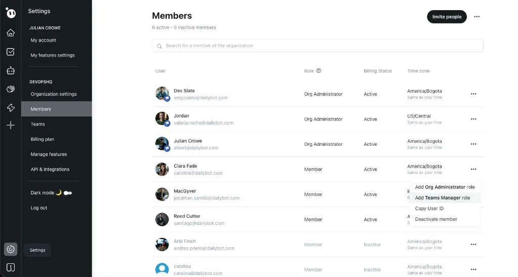 Members page showing roles and the role assignment menu