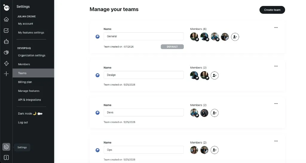 Dailybot settings showing teams within an organization