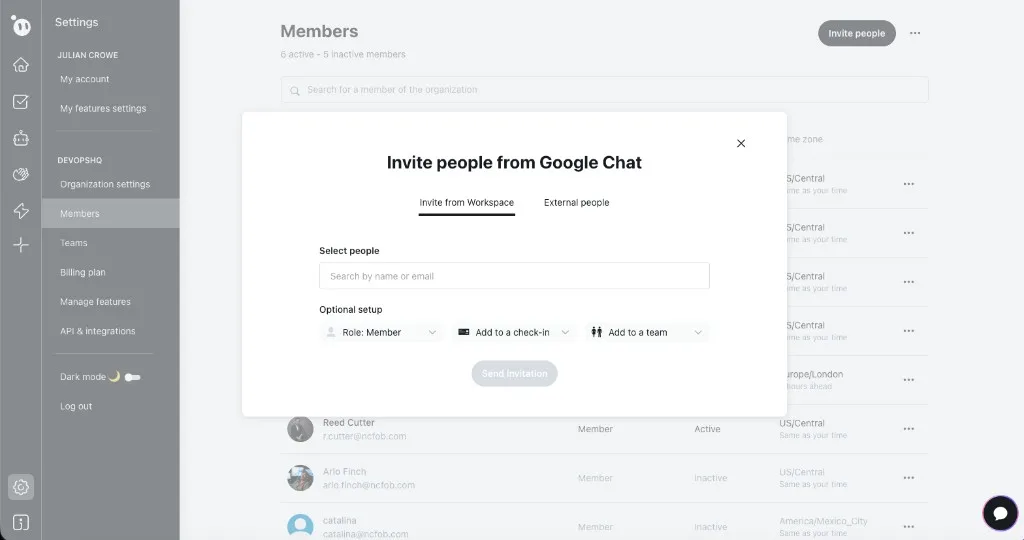 Invite people from Google Chat dialog showing workspace members, role assignment, and optional check-in and team setup