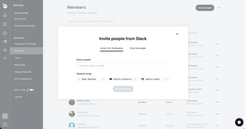 Invite people from Slack dialog showing workspace members, role assignment, and optional check-in and team setup