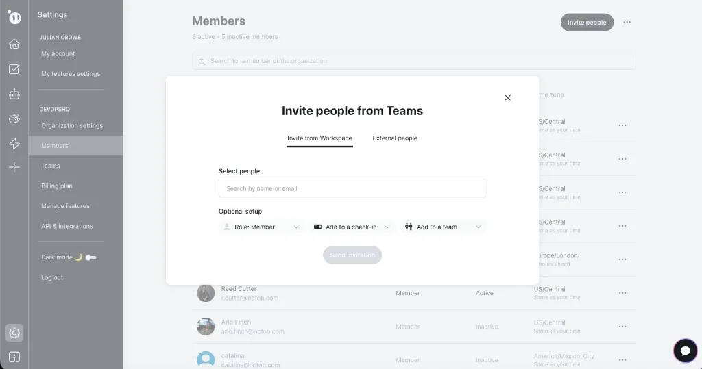 Invite people from Teams dialog showing workspace members, role assignment, and optional check-in and team setup