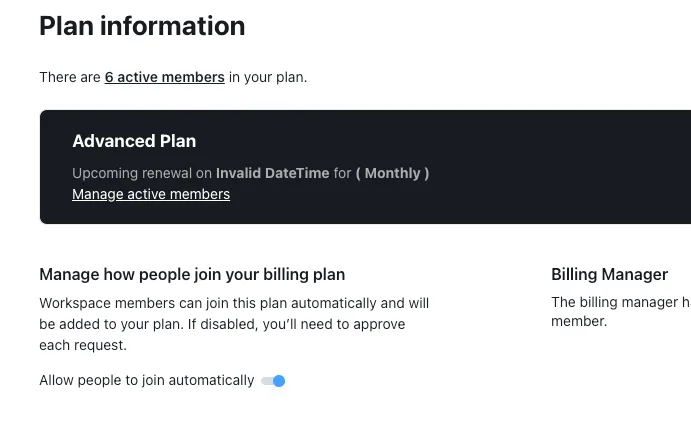 Billing info page showing the Allow people to join automatically toggle