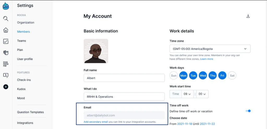The My Account page with the Add secondary email link below the Email field
