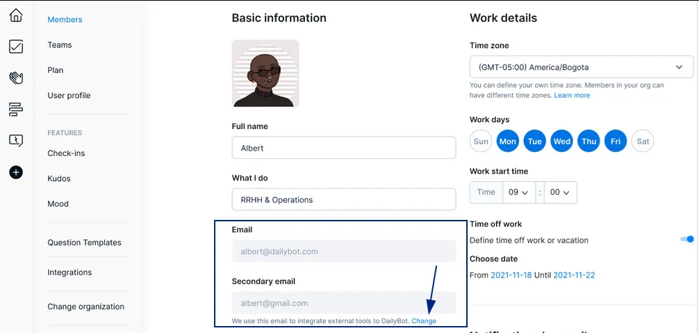 Basic information showing both the primary Email and the Secondary email fields with a Change link