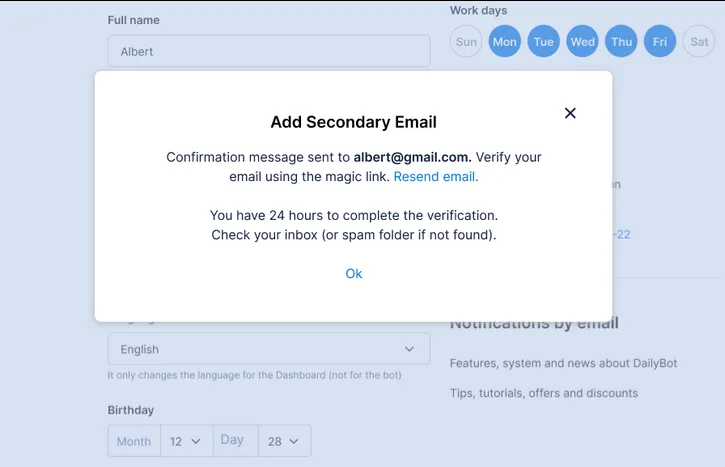 Modal confirming the verification email was sent, with a 24-hour reminder and a Resend email option