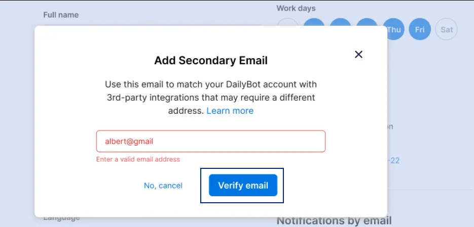 The Add Secondary Email modal with an email typed in and the Verify email button highlighted