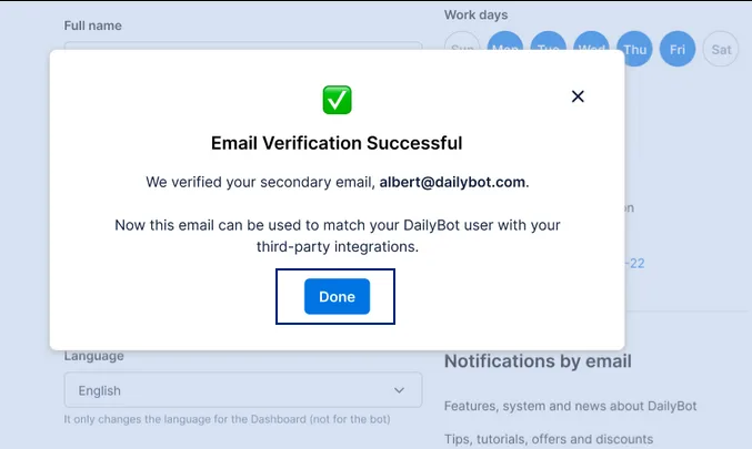 Email Verification Successful modal confirming the secondary email is ready for integrations
